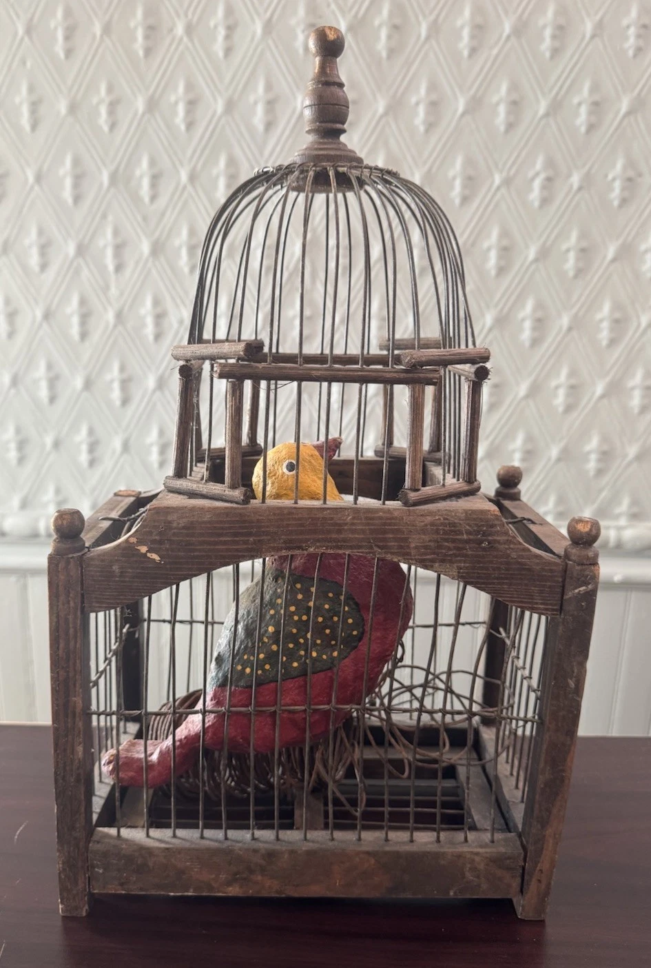 Antique Wooden Bird Cage Dome Cathedral Style Bottom and Back Doors w Faux Bird