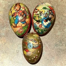 3 Rare Antique German Paper Mache Rabbit Easter Egg Lot 3” Candy Container Clean