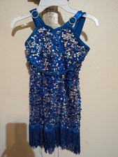 Curtain Call Girls Blue Sequin Fringe Dance Costume Dress Size CS