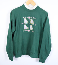 90s Flower Cat Sweatshirt Women's Large Green Embroidered Mock Neck VTG Grandma