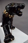 VINTAGE MCM CERAMIC BLACK PANTHER FIGURINE COLORFUL GOLD COLLAR 17" LONG W/CHAIN — photo 3