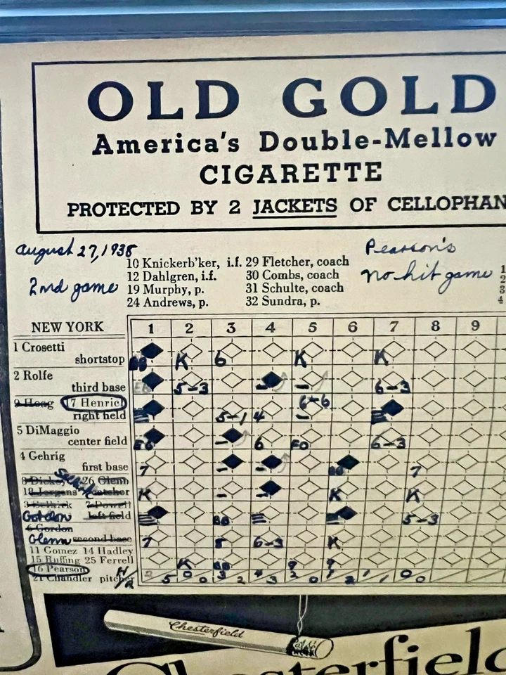 Yankee's Scorecard August 27th 1938 Pearson No-Hitter - Image 4 of 4