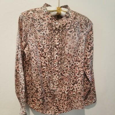 Ruby Rd Women s Animal Print Pink Ruffle Blouse Top Size 10 Roll Tab Sleeve Gray