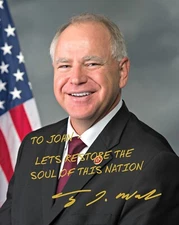 PERSONALIZED TIM WALZ VICE PRESIDENT MESSAGE AUTOGRAPHED 8X10 PHOTO