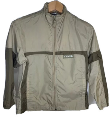 Nike Jacket Boys 12 Beige Windbreaker Mesh Full-Zip Pockets Mock Neck Nylon
