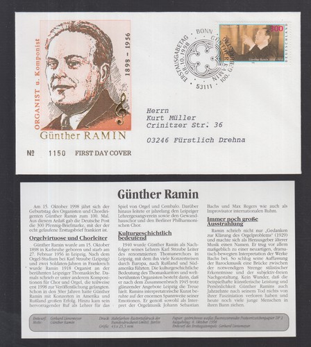 BRD 1998 FDC/Beleg mit Beschreibung - Günther Ramin, Organist und Komponist - 第 1/1 張圖片