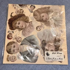 Vintage Evergreen Press Gift Wrap Pastel Victorian Children 3 sheets, 20x28" NOS