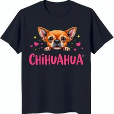 Charming Black T-Shirt with Cartoon Chihuahua Design & Pink Hearts