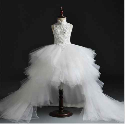 Long Trailing White Lace Dress Flower Tulle Ball Gown Girls Pageant Gown - Picture 3 of 20