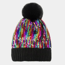NEW Multi-Color Sequin Embroidered Fold Over Beanie Hat w/ Large Fluffy Pom Pom
