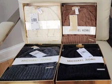 NIB Michael Kors Cable Knit Scarf &Hat Set Metal Logo, Camel, Black, White, Grey