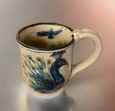 Melony Sawyer Studio Art Pottery Oversize 15 Oz Peacock Bird Mug Signed Eccletic