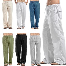 Mens Cotton Linen Loose Pants Casual Drawstring Beach Yoga Baggy Long Trousers