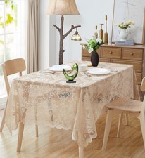 60 x 84 Inch Golden Linen Rectangle Lace Tablecloth. Classic Elegant Floral P...