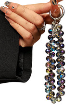 Crystal Beaded Hand Wrist Chain Short Lanyard Silver Ring for Mobile Phones