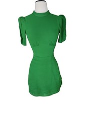 Reformation Kelly Green Twee Mini Dress Womens Size 0 Puff Sleeve Chiffon Preppy