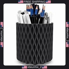 Rotating Pen Holder Desk Organizer with 5 Compartments, Black Plastic