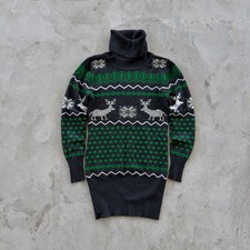 Vintage Dolce & Gabbana Turtleneck Knit Dress Size M Gray Green Reindeer Pattern