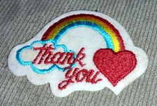 VINTAGE FABRIC APPLIQUE PATCH RAINBOW HEART THANK YOU 70s 80s ORIG 2 x 3"