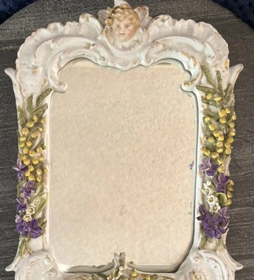 Antique Porcelain Table Mirror Cherub Flowers Easel Back Continental Mirror