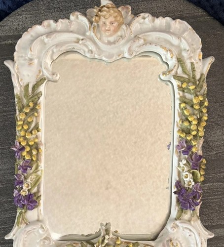 Antique Porcelain Table Mirror Cherub Flowers Easel Back Continental Mirror