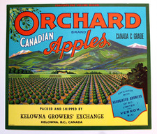 Original ORCHARD apple crate label Kelowna, British Columbia Canada mountains