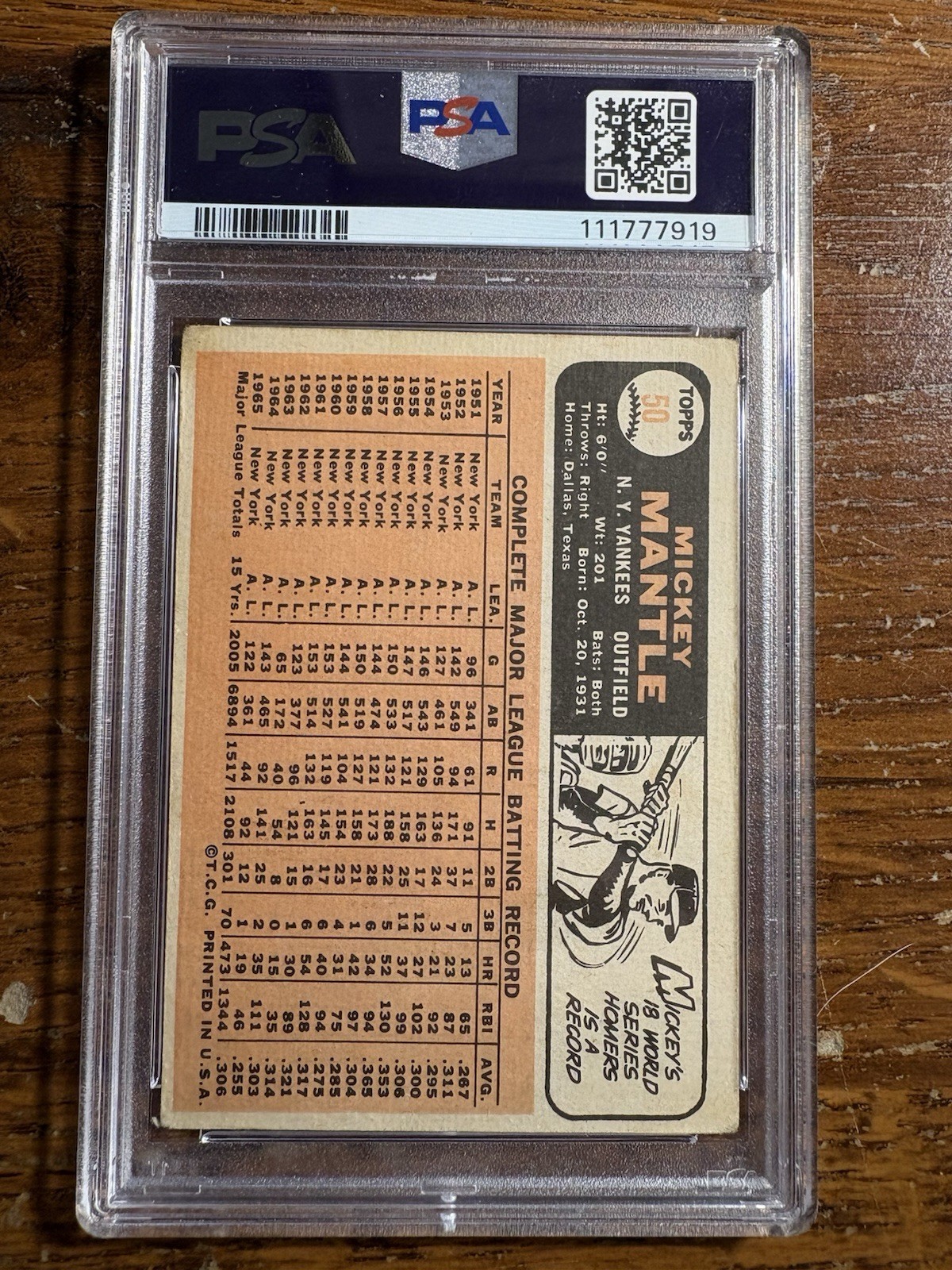 1966 Topps Mickey Mantle #50 PSA1 view 2