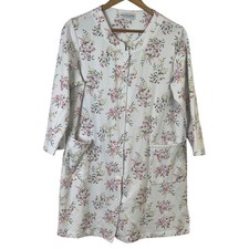 Miss Elaine Woman's White Robe Pastel Florals Snap Closure Pockets Petite Large