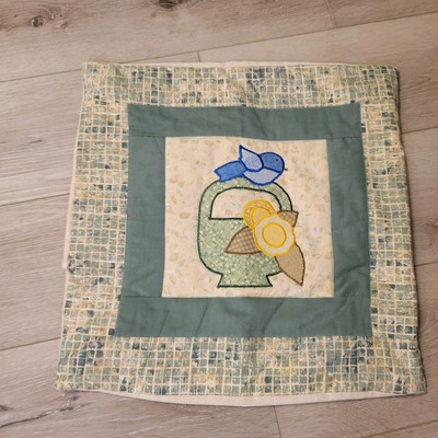 Vtg Hand Quilted Square Pillow Case Cover Blue Bird Flower Basket Green Yellow