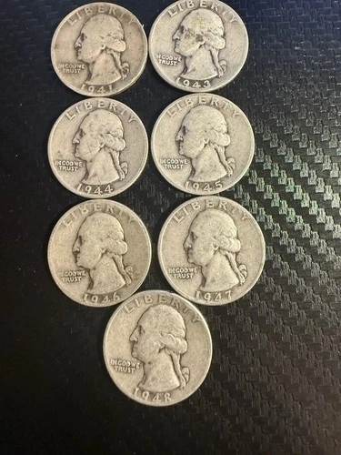 7 1941-1948 Silver Washington Quarters Circulated Uncertified US Coin Lot