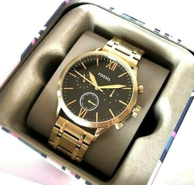 NIB Fossil BQ2366 Gold Tone Black Dial 