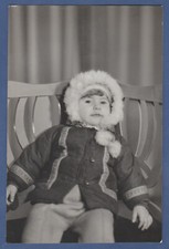 Beautiful child in a jacket on a chair, cute baby Soviet Vintage Photo USSR