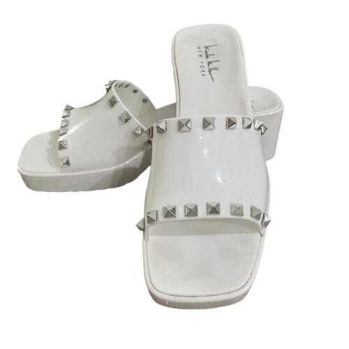 Rare Vtg 90s Nicole Miller Silver Stud Square Open Toe Jelly Sandal Shoes 9 - Afbeelding 1 van 7