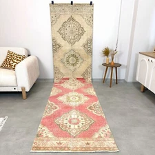 3x12.5  Beige Pink Vintage Turkish Oushak Runner, Hallway Rug, Handmade Wool Rug