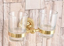 Bathroom Wall Mounted Golden Brass Toothbrush Holder with Glass Cup 2ba600