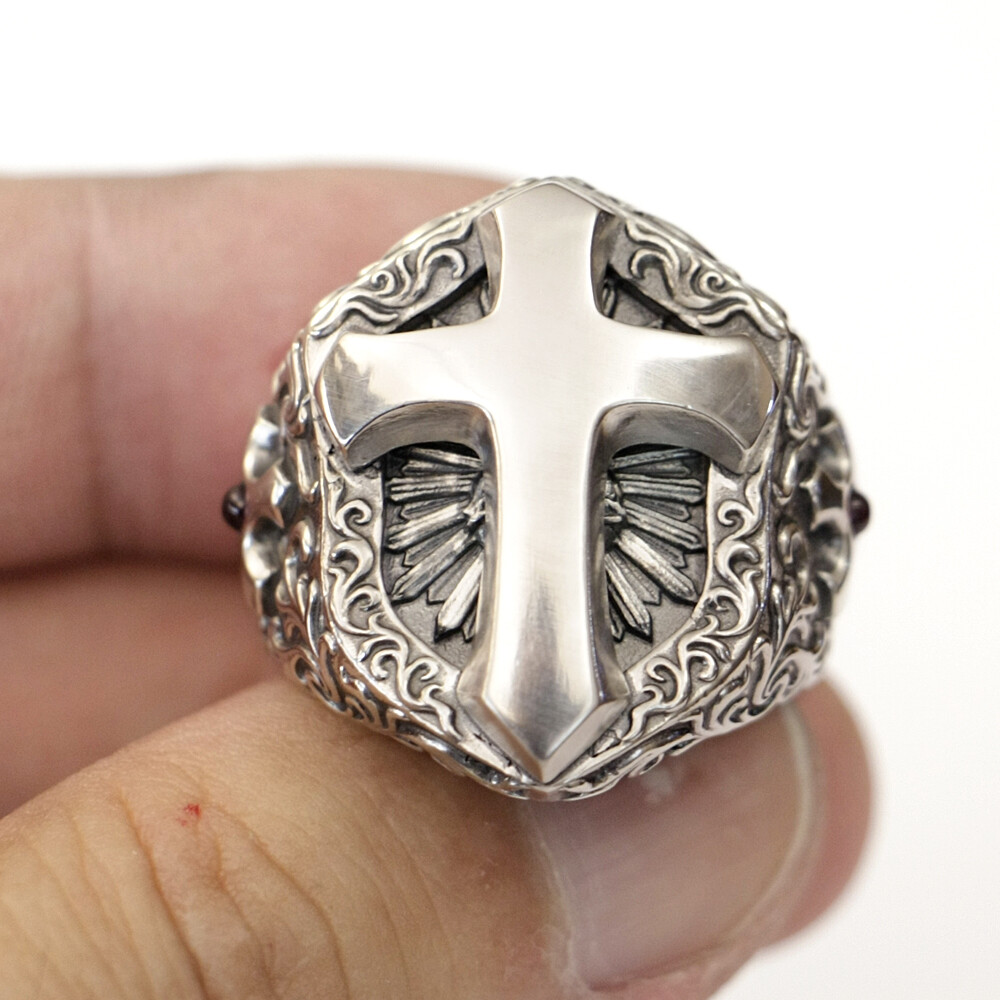 LISNION 925 Sterling Silver Shield Cross Ring | Handmade Biker Punk Rock Ring For Men | Heavyweight & Sizes 7-15 - View #2