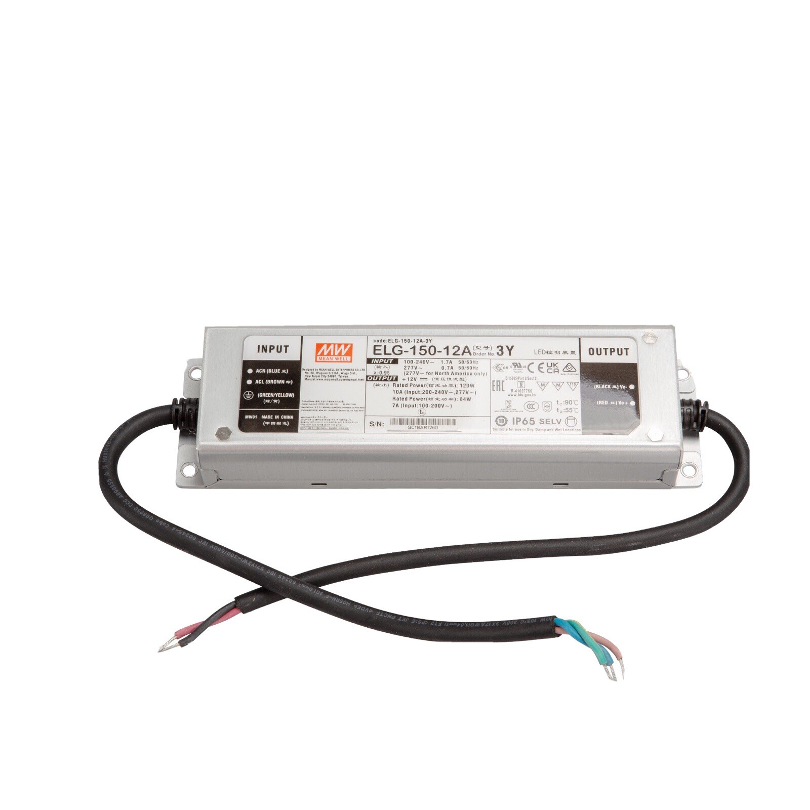 Alimentation Mean Well ELG-150-12A-3Y LED 120W IP65 pour éclairage extérieur étanche