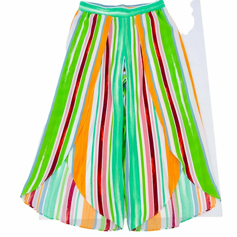 Coco Bianco Wide Split Leg Crop Pants M Stripe Flowy Pull On Culotte Multicolor - Image 2 of 4