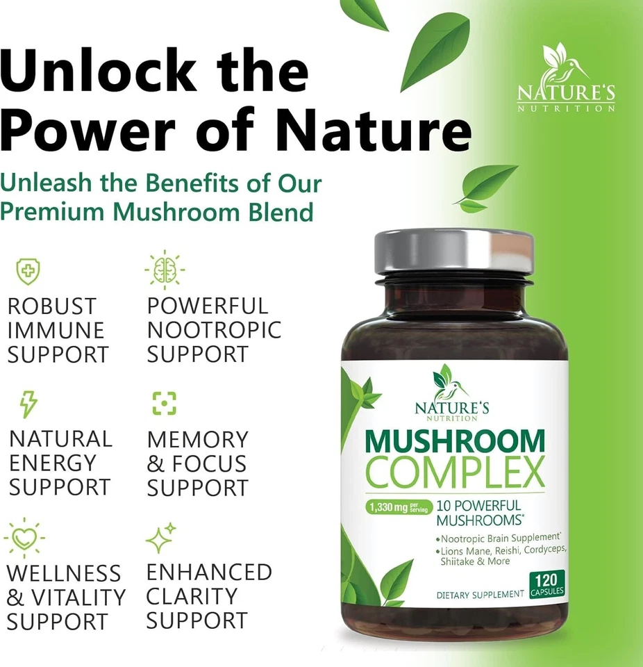 Mushroom Complex Supplement Capsules - 10 Mushrooms Lions Mane, Reishi, Chaga - Image 3 of 4