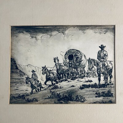Original Etching Western Sketch By Texas Artist Max Bush Cole 7.75''x5.75''