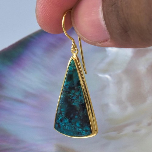 Earrings 18K Gold Vermeil Sterling Silver Gem Silica Chrysocolla Cabochon 7.35 g - Picture 3 of 8