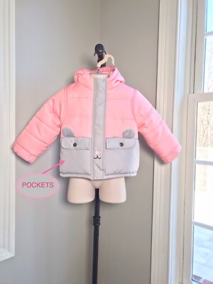 Carter s Pink & Gray Mouse Puffer Coat - Baby Girls 24 Months USED TWICE