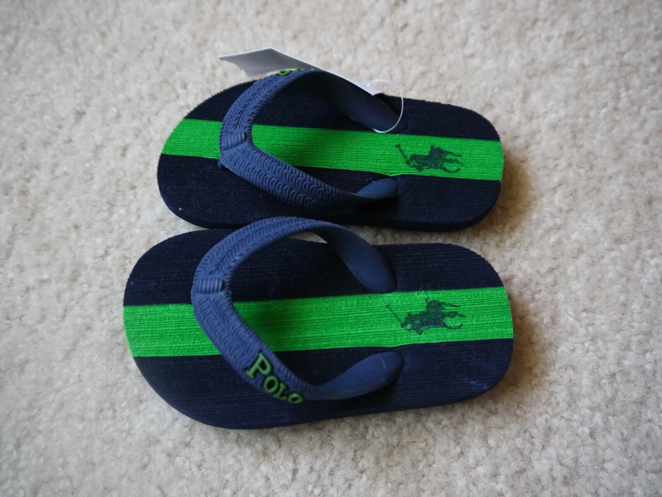 NWT Ralph Lauren Boys Navy/Green Pony Flip Flop Sz. 7 - Image 3 of 4