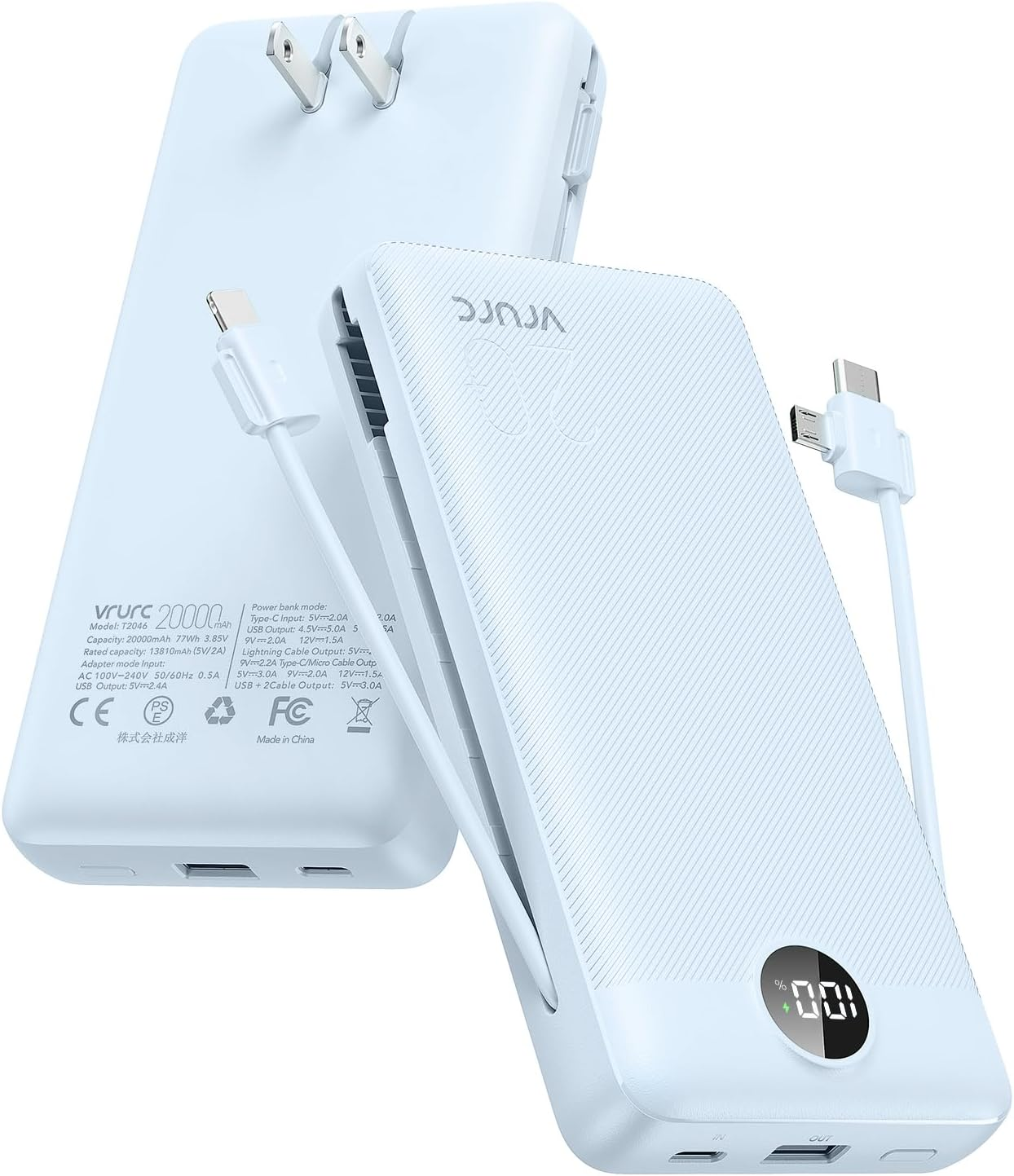 Portable 20000Mah Power Bank with 22.5W Fast Charging and Cables