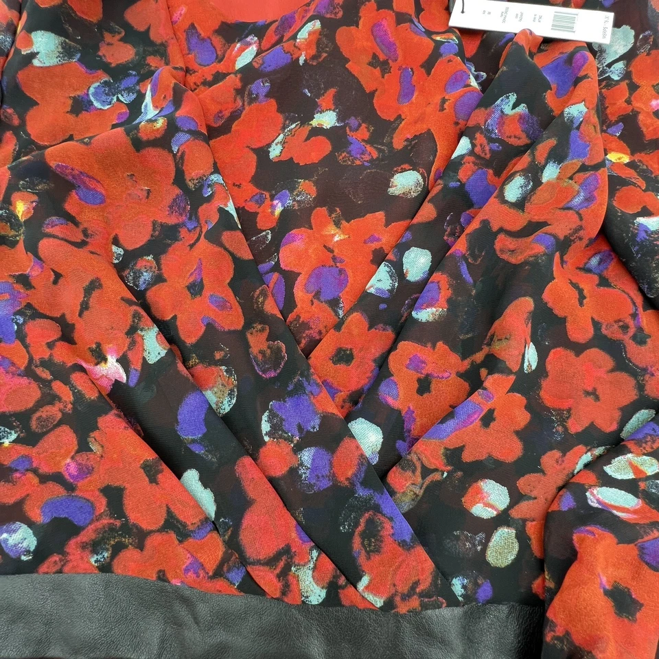 W118 Walter Baker Red Floral Print Sheath Dress Black Leather Waist Band Dress M - Image 4 of 4