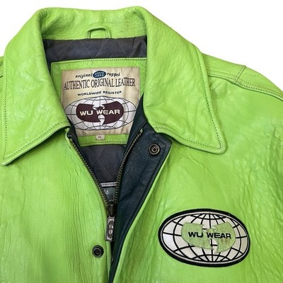 Vintage Wu Wear Lime Green Leather Jacket Hip Hop Wu Tang Sz XL