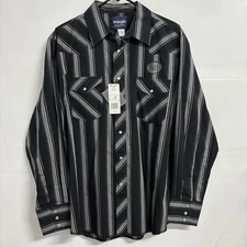 Wrangler Brushpopper Pearl Snap Shirt Mens Large Black Long Sleeve Stripes NWT