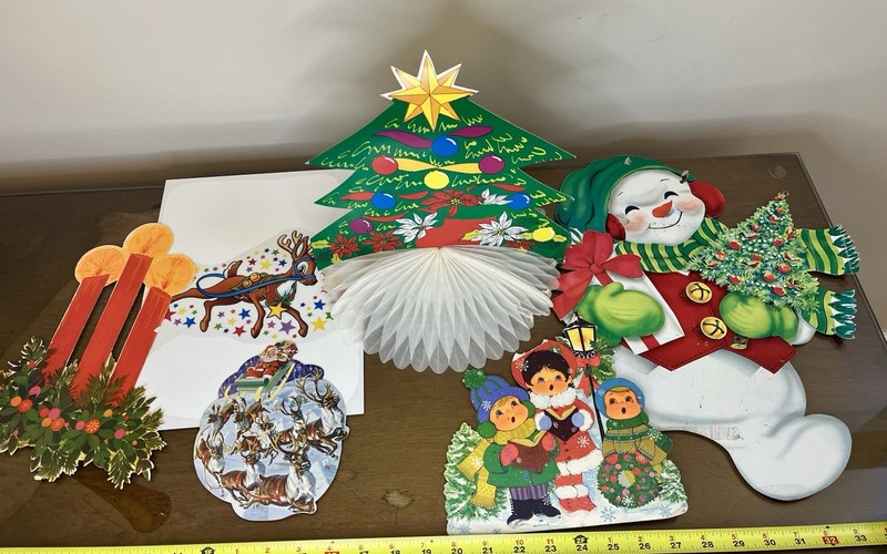 VTG 80s Christmas Paper Die Cut Wall Decor Lot, Santa, Angels, Trees, Wreaths L2