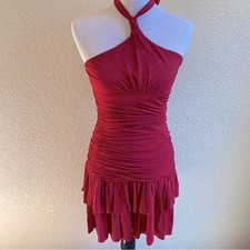 BCBGMaxAzria Halter Neck Tiered Mini Dress Cocktail Party Hot Red Ruched: Med