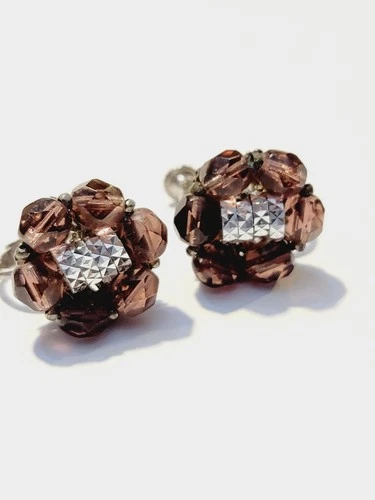 Vintage Miriam Haskell Purple Beaded Silver Tone Clip On Earrings Signed